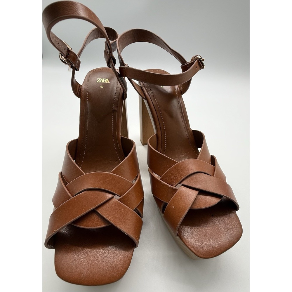 Zara Leather Platform retro chunky Strappy Wooden‎ Heeled Sandals Size 10 - Picture 2 of 15